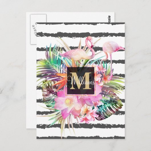 tropische bloembladeren en flamingos strepen briefkaart (Voorkant / Achterkant)