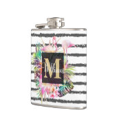 tropische bloembladeren en flamingos strepen heupfles (Links)