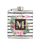 tropische bloembladeren en flamingos strepen heupfles (Voorkant)