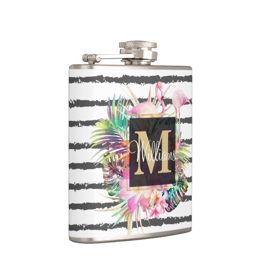 tropische bloembladeren en flamingos strepen heupfles (Rechts)