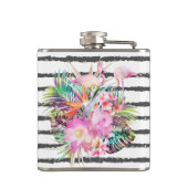 tropische bloembladeren en flamingos strepen heupfles (Achterkant)