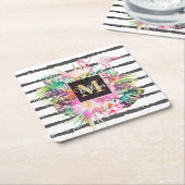 tropische bloembladeren en flamingos strepen kartonnen onderzetters (Schuin)