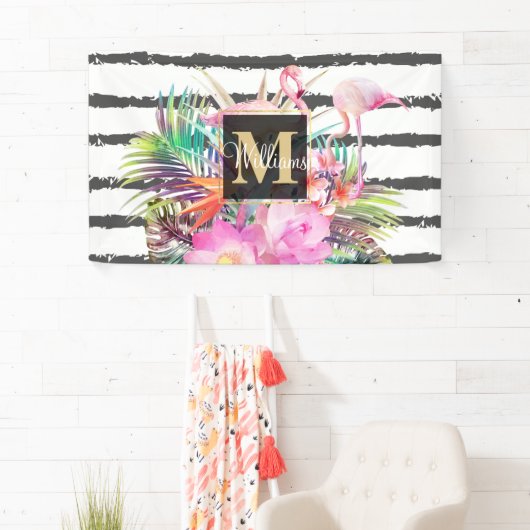 tropische bloembladeren en flamingos strepen spandoek (Insitu)