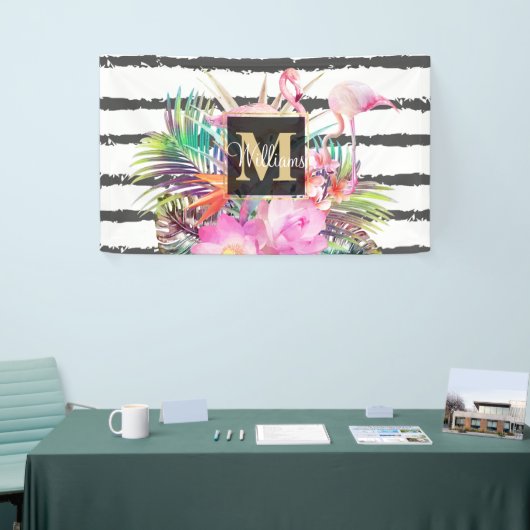 tropische bloembladeren en flamingos strepen spandoek (Beurs)