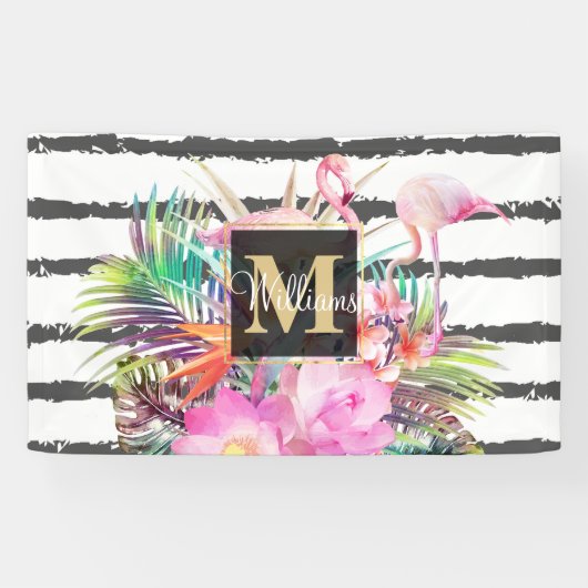 tropische bloembladeren en flamingos strepen spandoek (Horizontaal)