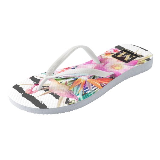 tropische bloembladeren en flamingos strepen teenslippers (Schuin)