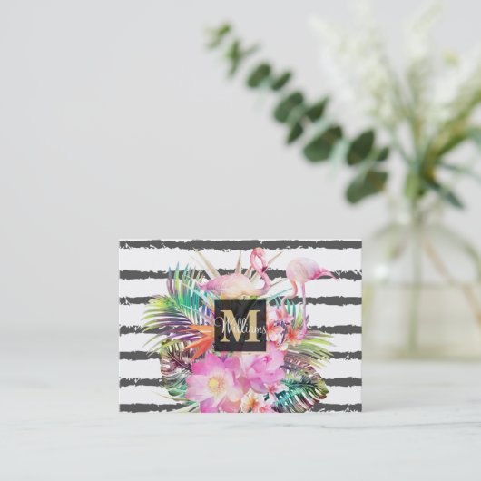 tropische bloembladeren en flamingos strepen visitekaartje (Staand voorkant)