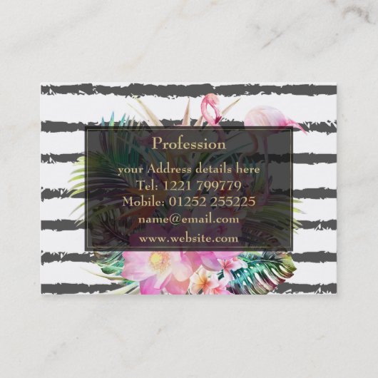 tropische bloembladeren en flamingos strepen visitekaartje (Achterkant)