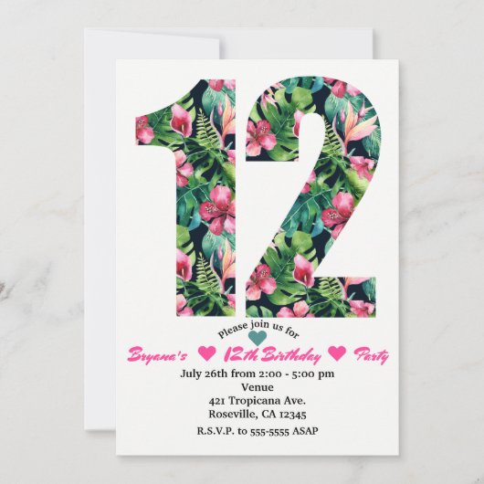 Tropische Bloemen 12 12e verjaardag Uitnodiging (Voorkant)