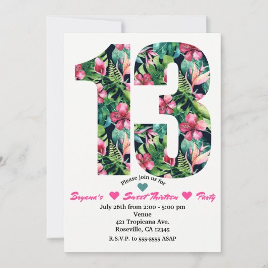 Tropische Bloemen 13 13e verjaardag Uitnodiging (Voorkant)