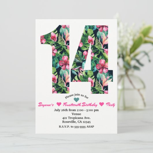Tropische Bloemen 14 14e verjaardag Uitnodiging (Staand voorkant)