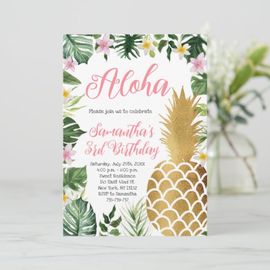 Tropische Bloemen Aloha Verjaardag Gouden Ananas Kaart (Staand voorkant)