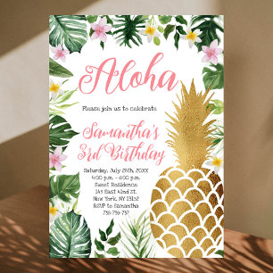 Tropische Bloemen Aloha Verjaardag Gouden Ananas Kaart