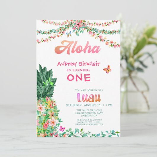 Tropische Bloemen Ananas Luau Eerste Verjaardag Kaart (Staand voorkant)