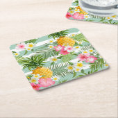 Tropische Bloemen & Ananas op Blauwgroen Strepen 2 Kartonnen Onderzetters (Schuin)