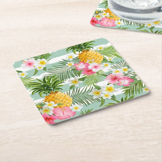 Tropische Bloemen & Ananas op Blauwgroen Strepen 2 Kartonnen Onderzetters (Schuin)