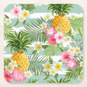 Tropische Bloemen & Ananas op Blauwgroen Strepen 2 Kartonnen Onderzetters (Voorkant)