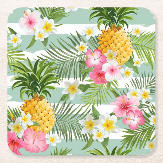 Tropische Bloemen & Ananas op Blauwgroen Strepen 2 Kartonnen Onderzetters (Voorkant)
