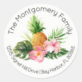 Tropische bloemen & ananas retouradres ronde sticker