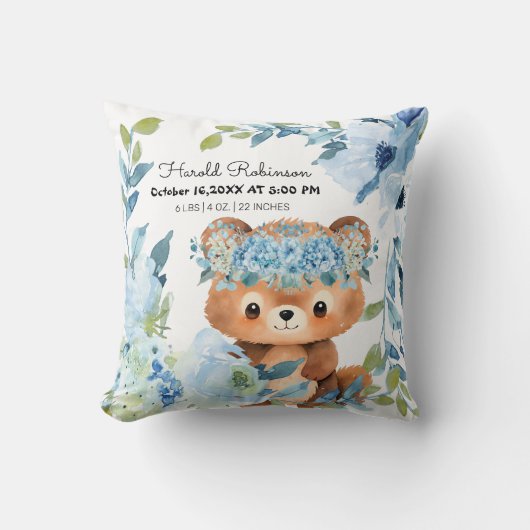 Tropische Bloemen Baby Jongen Geboorte Statistieke Kussen (Voorkant)