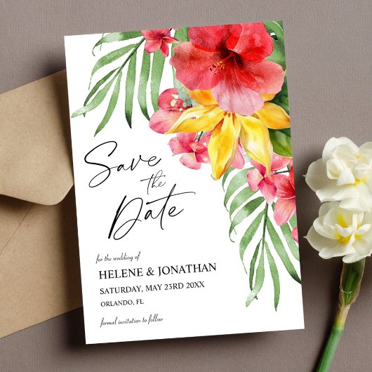 Tropische Bloemen Bestemming Bruiloft Save The Date