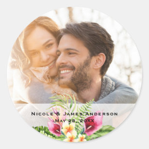 Tropische Bloemen & Bladeren Bloem Foto Bruiloft Ronde Sticker