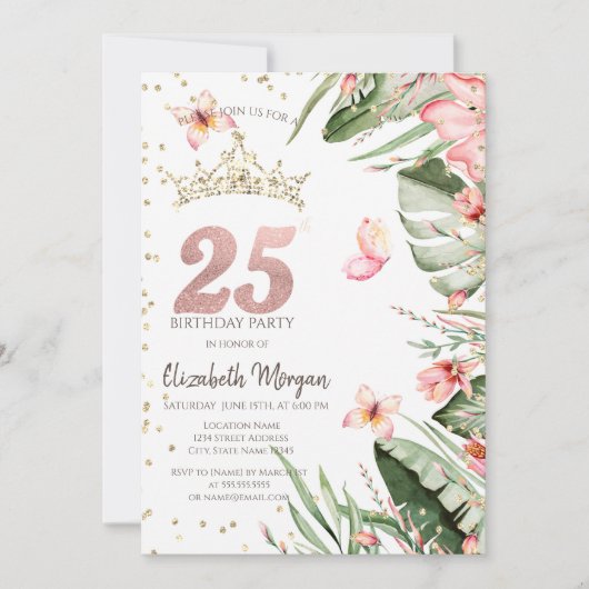 Tropische bloemen bladeren diamanten 25e verjaarda kaart (Voorkant)