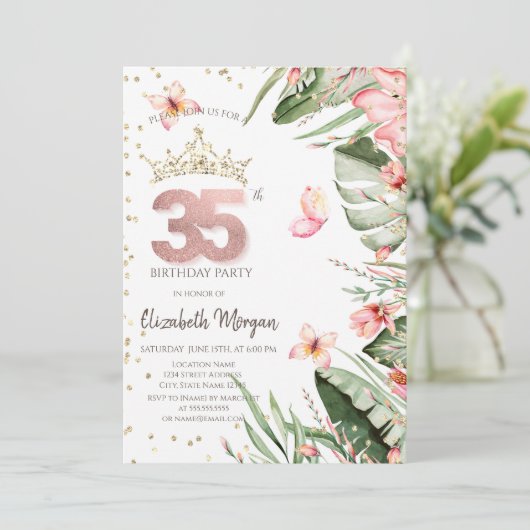 Tropische bloemen bladeren diamanten 35e verjaarda kaart (Staand voorkant)