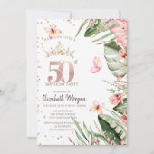 Tropische bloemen bladeren diamanten 50e verjaarda kaart (Voorkant)