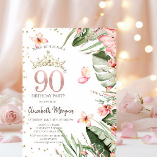 Tropische Bloemen Bladeren Diamanten 90ste Verjaar Kaart
