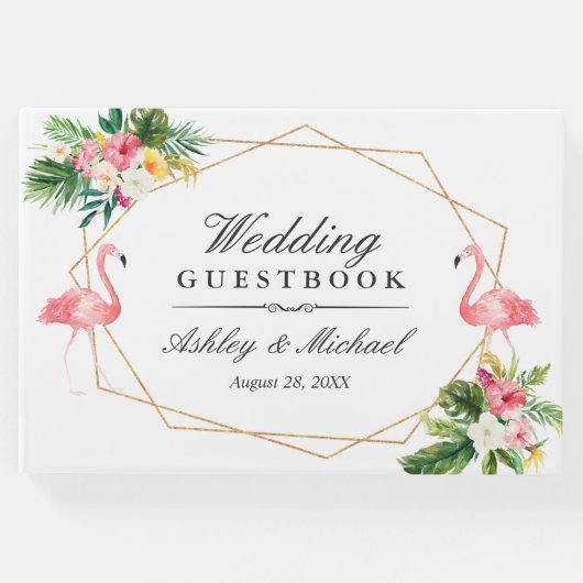 Tropische Bloemen Bladeren Flamingo's bruiloft Gastenboek (Voorkant)