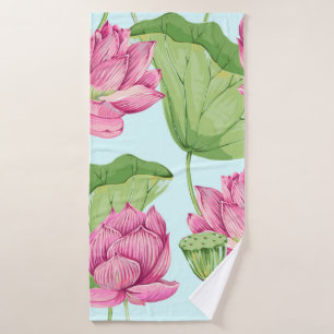 Tropische bloemen, bladeren, roze lotus, waterleli badhanddoek