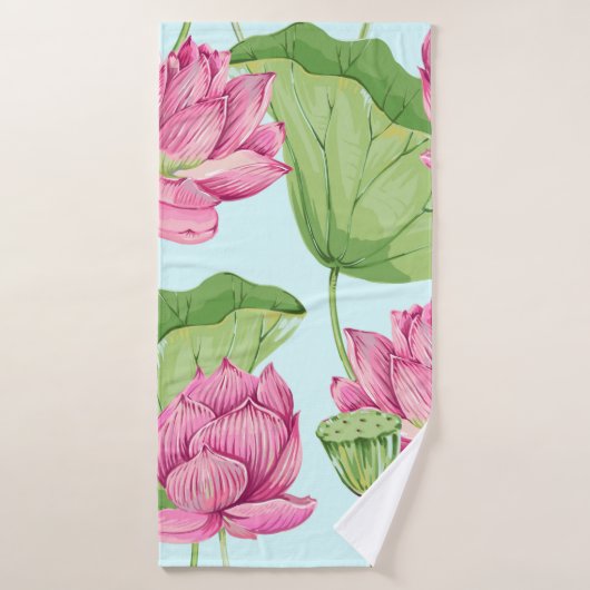 Tropische bloemen, bladeren, roze lotus, waterleli badhanddoek (Badhanddoek)