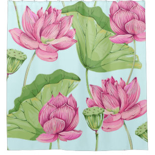 Tropische bloemen, bladeren, roze lotus, waterleli douchegordijn