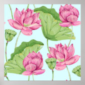 Tropische bloemen, bladeren, roze lotus, waterleli poster (Voorkant)