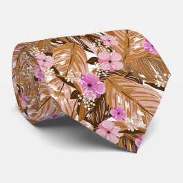 Tropische Bloemen Bladeren Roze Tan Beige Bruin Stropdas