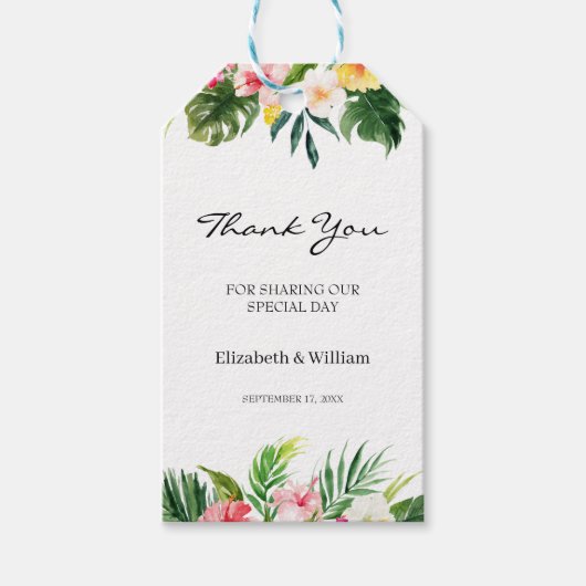Tropische Bloemen & Bladeren Trouwgunst Dank u Cadeaulabel (Voorkant)