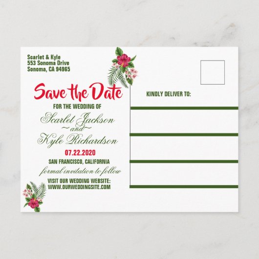 Tropische Bloemen & Bladeren Trouwkaart Opsparen d Aankondigingskaart (Achterkant)