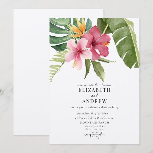 Tropische bloemen & bladeren | Zomer Bloem Bruilof Kaart (Voorkant / Achterkant)