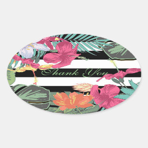 Tropische Bloemen Bladeren Zwart Wit Strepen Ovale Sticker