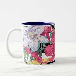 Tropische Bloemen Bladeren Zwart Wit Strepen Tweekleurige Koffiemok