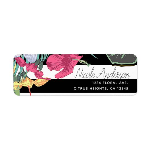 Tropische bloemen bladeren zwarte witte strepen etiket (Voorkant)