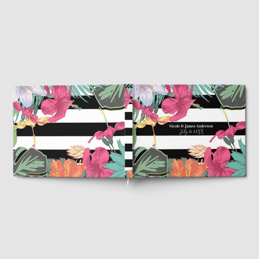 Tropische bloemen bladeren zwarte witte strepen gastenboek (Volledig)