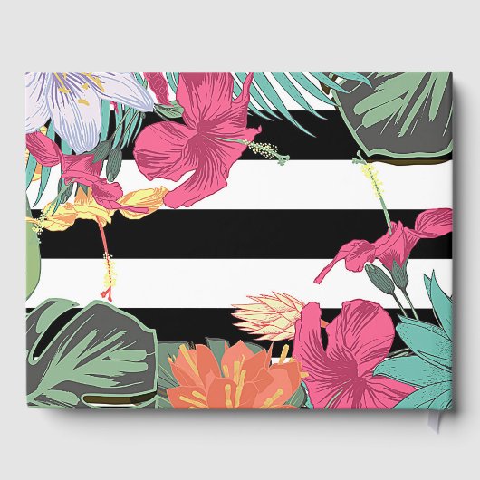 Tropische bloemen bladeren zwarte witte strepen gastenboek (Achterkant)