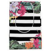 Tropische bloemen bladeren zwarte witte strepen medium cadeauzakje (Voorkant)