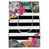 Tropische bloemen bladeren zwarte witte strepen medium cadeauzakje (Achterkant)