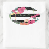 Tropische bloemen bladeren zwarte witte strepen ovale sticker (Tas)