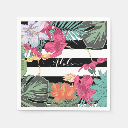 Tropische bloemen bladeren zwarte witte strepen servetten (Voorkant)