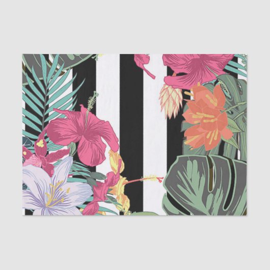 Tropische bloemen bladeren zwarte witte strepen tissuepapier (Voorkant)