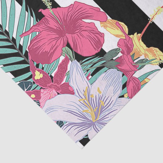 Tropische bloemen bladeren zwarte witte strepen tissuepapier (Detail)